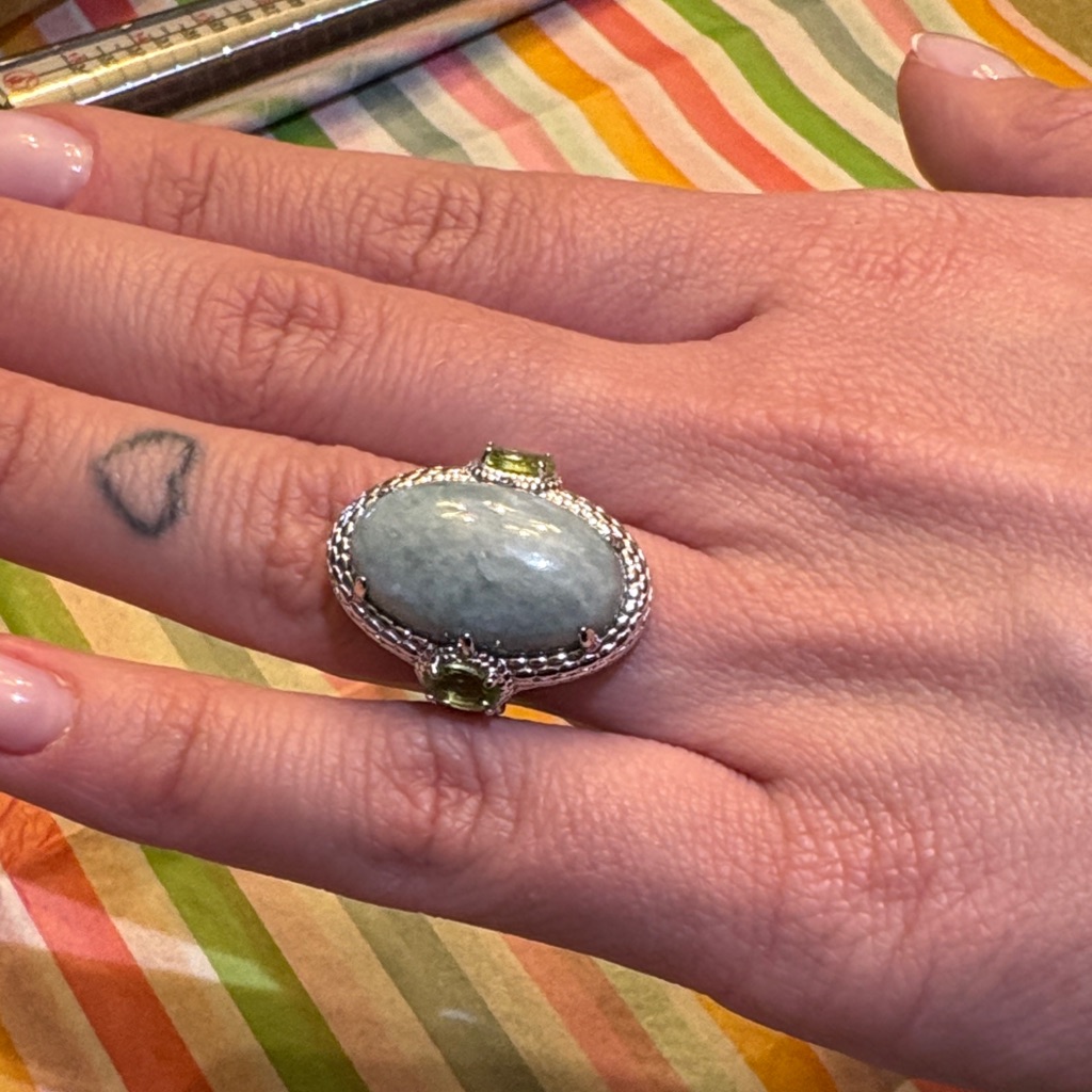 Silver Ring With Blue Stone And Green Accents